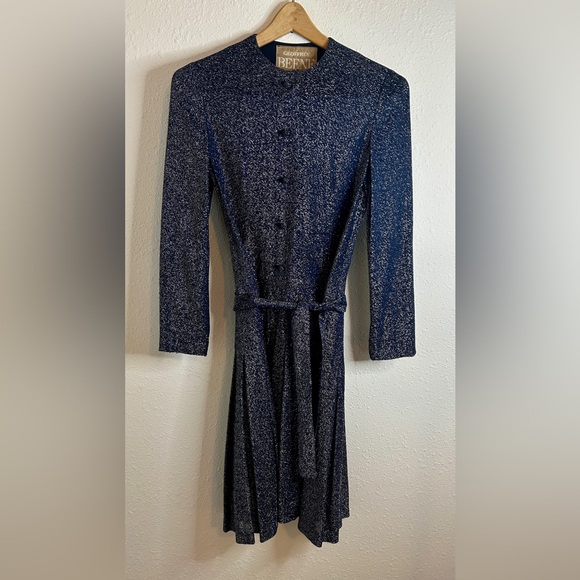 Vintage GEOFFREY BEENE Boutique Navy Blue Metallic Lurex Belted Dress Size Med